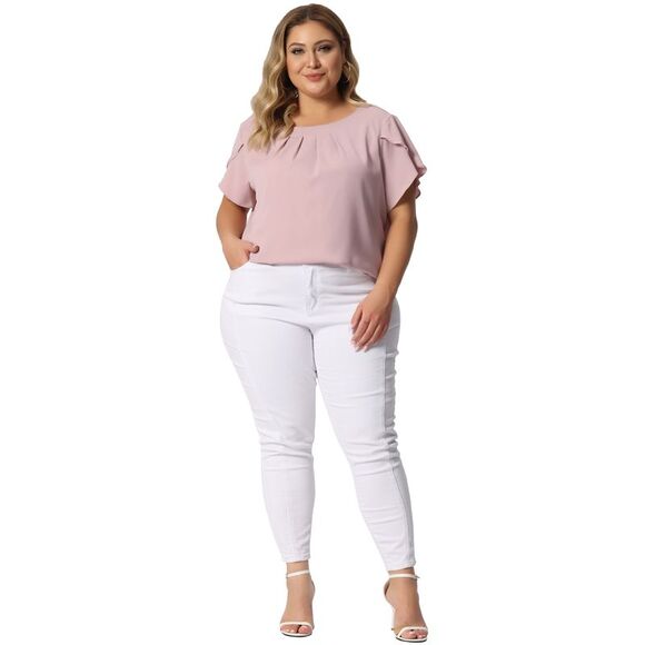 Plus Size Tops Casual Round Neck Pleated Top Tulip Sleeves Blouse Pink - Picture 3 of 6